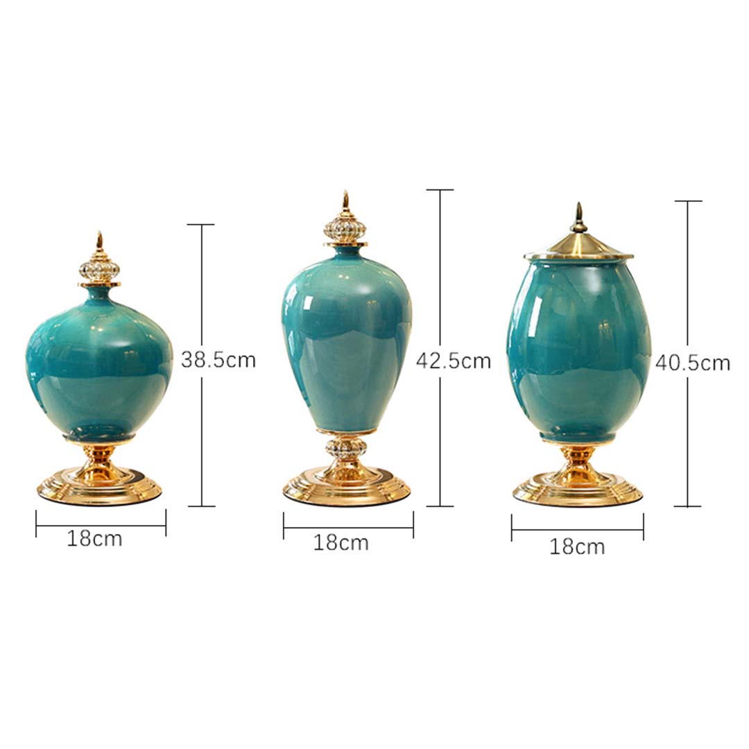 NNEAGS 2X 40cm Ceramic Oval Flower Vase with Gold Metal Base Green
