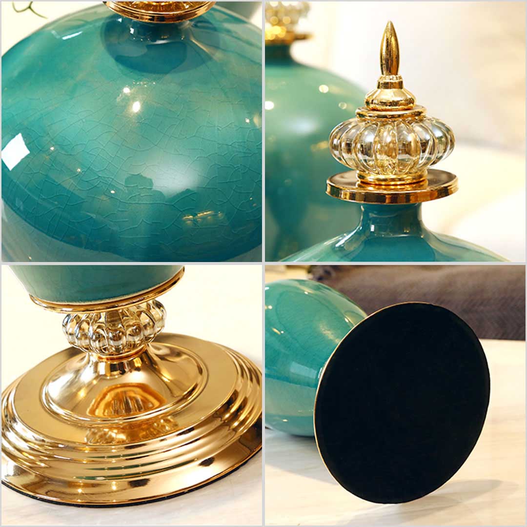 NNEAGS 42.50cm Ceramic Oval Flower Vase with Gold Metal Base Green-2