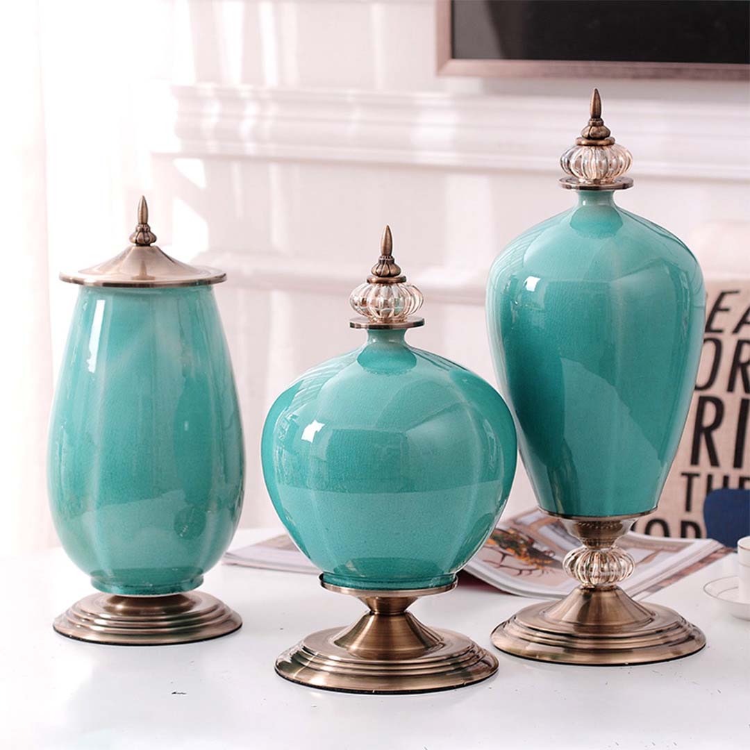 NNEAGS 2X 40cm Ceramic Oval Flower Vase with Gold Metal Base Green