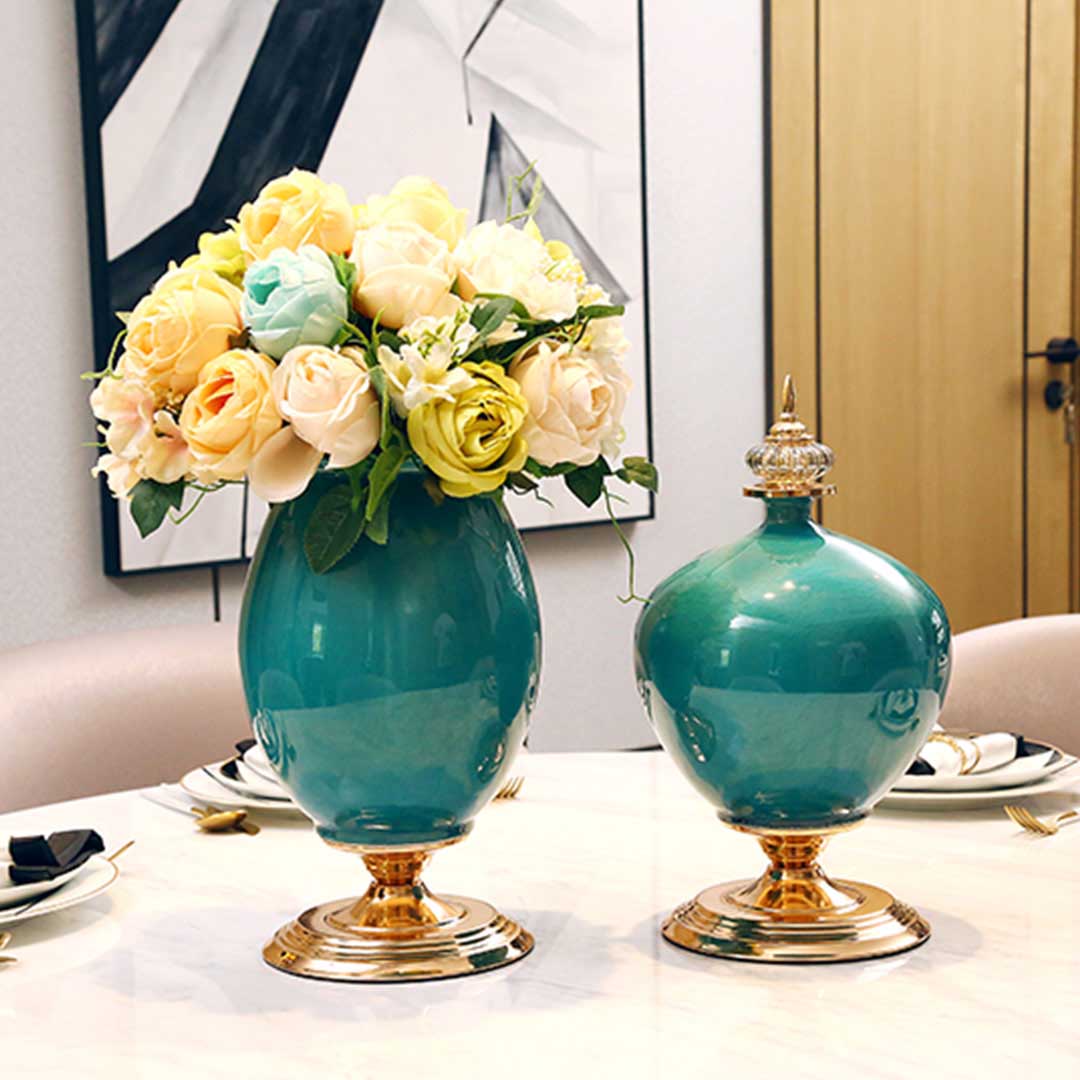 NNEAGS 42.50cm Ceramic Oval Flower Vase with Gold Metal Base Green-4