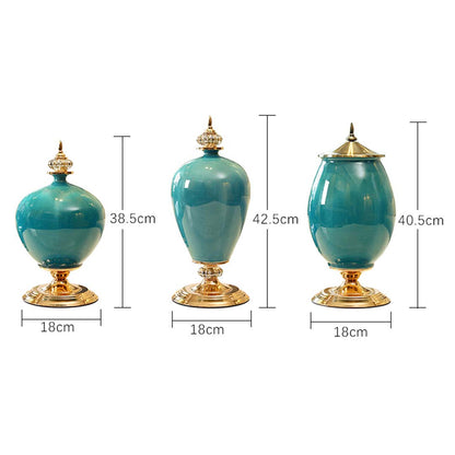 NNEAGS 2X 40cm Ceramic Oval Flower Vase with Gold Metal Base Green